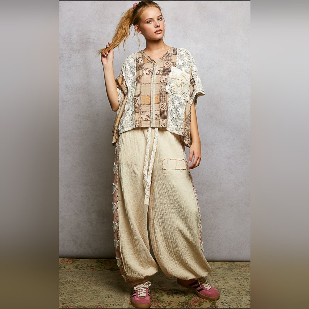 POL Patchwork Crochet Beige & Cream Boho Top - Picture 5 of 5